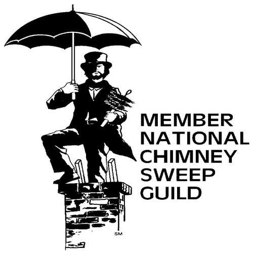 Man in suit ,wearing a top hat and holding an umbrella sitting on top of a brick chimney. NCSG national chimney sweep guild spelled out next to it.