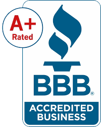 Better business bureau logo BBB with torch image with Accredited Business in white letters on blue background BBB Rating A+ underneath