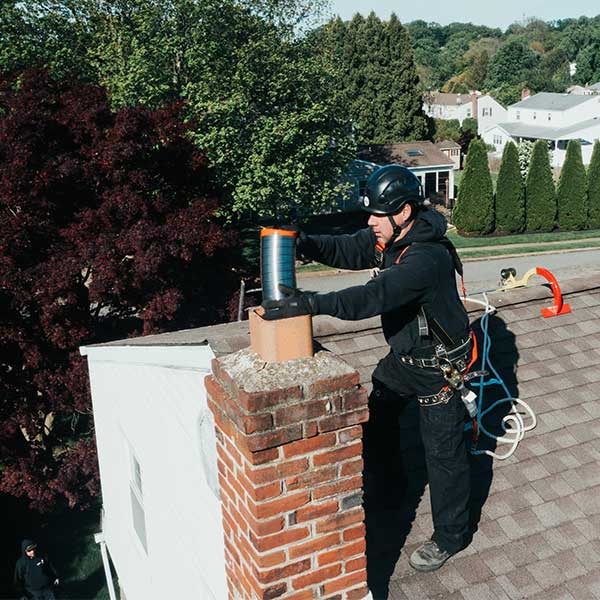 Tech wearing safety gear on roof installing a chimney liner with homes in the background.