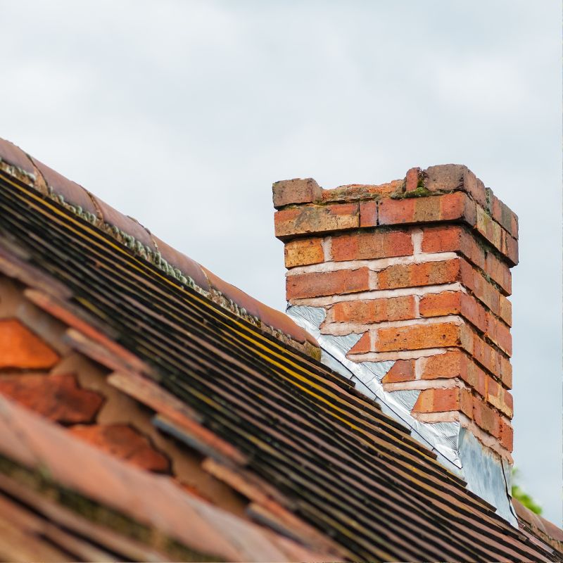 a masonry chimney with flashing and damages to the bricks and crown
